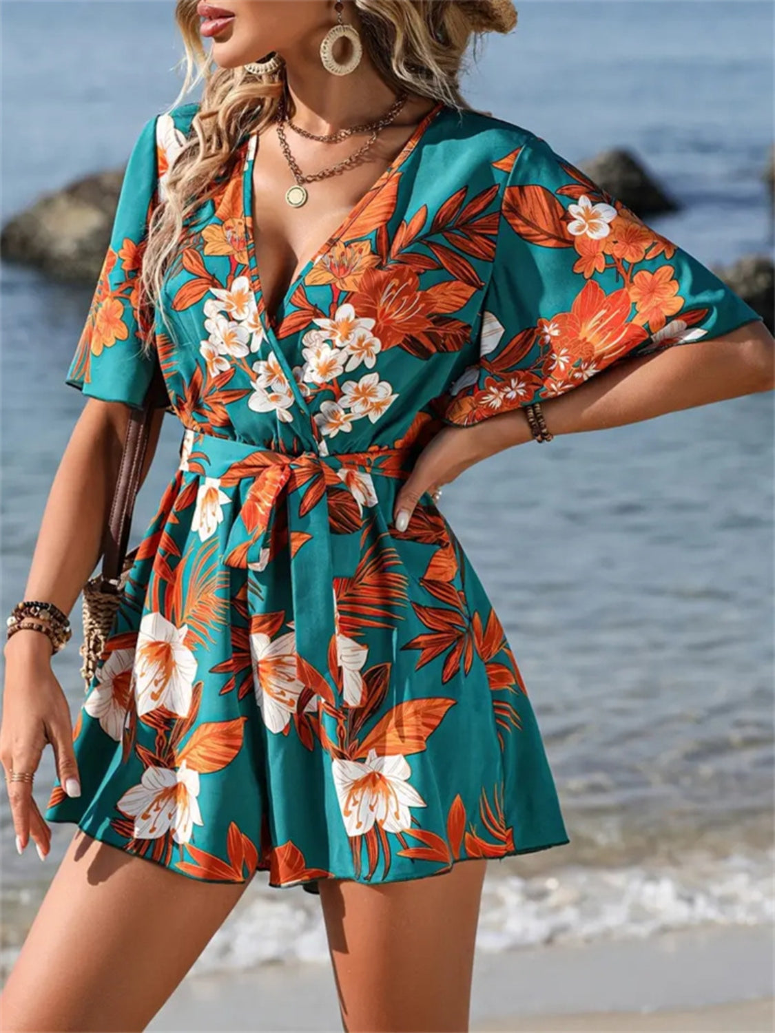 Printed Surplice Half Sleeve Tie Waist Romper - Ladyez