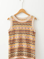 Stripe Eyelet Crochet Round Neck Sweater Vest
