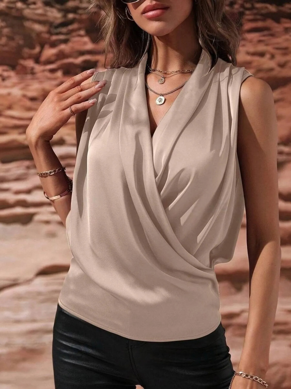 Sleeveless Wrap Draped Blouse - Ladyez