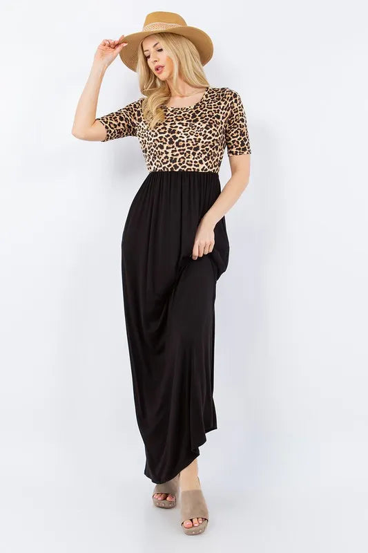 Celeste Full Size Leopard Round Neck Maxi Dress with Pockets Plus Size - Ladyez