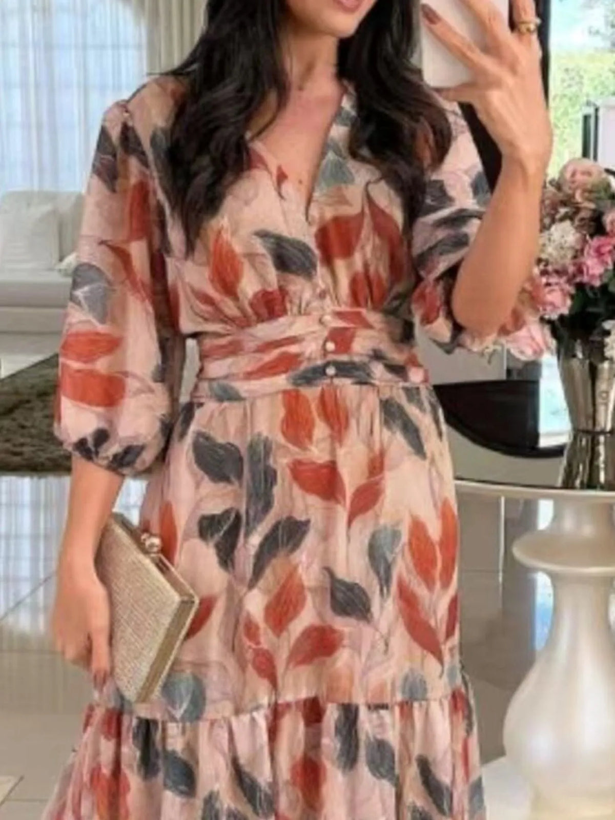 Full Size Printed V-Neck Maxi Dress with Tiered Hemline Plus Size - Ladyez
