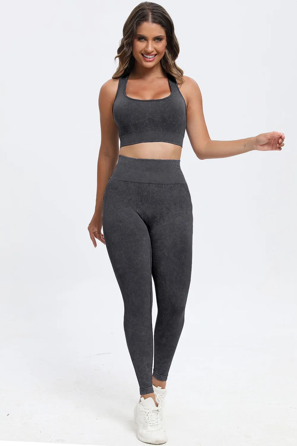 3 Piece Washed Square Neck Wide Strap Active Set - Ladyez