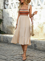 Tie Shoulder Square Neck Tiered Midi Dress - Ladyez
