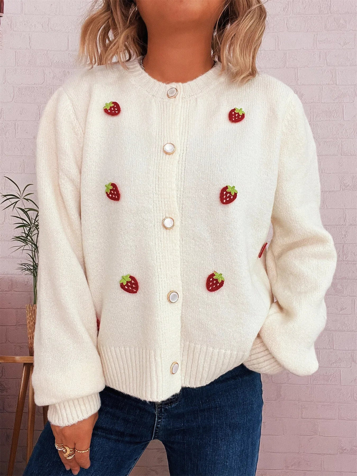 Strawberry Button Up Long Sleeve Cardigan