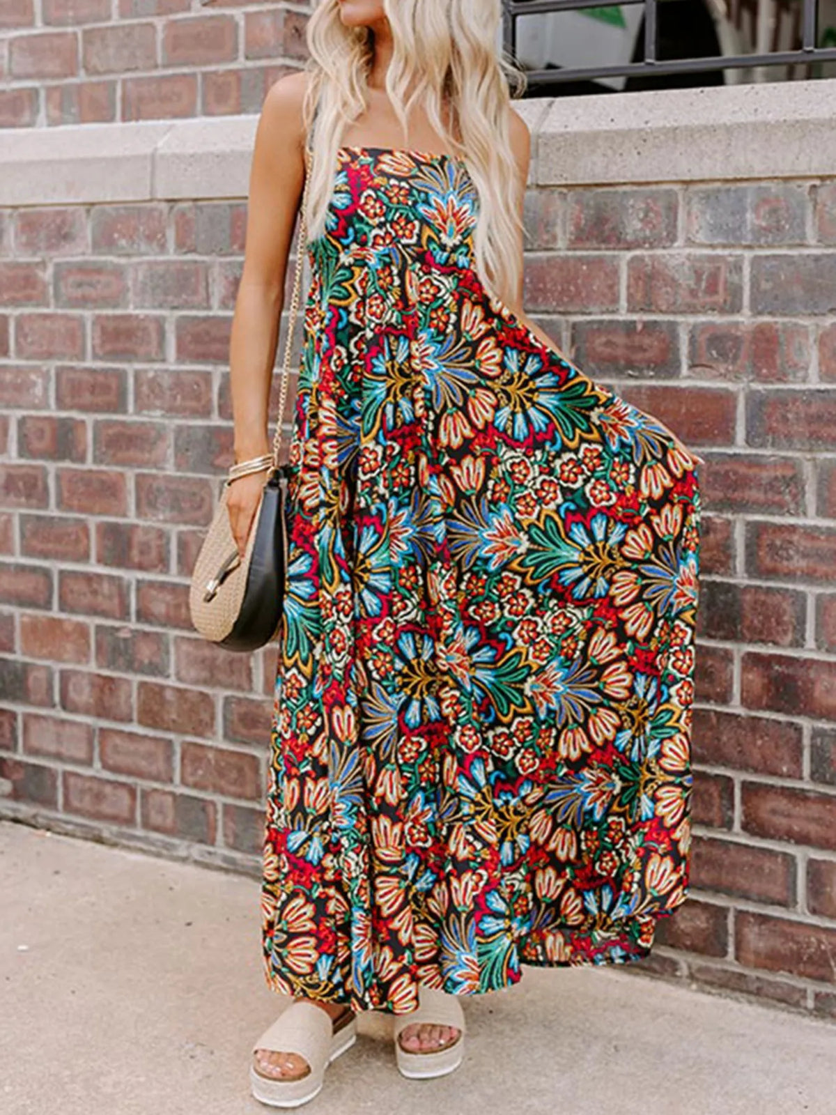 Floral Print Thin Straps High Waist Maxi Dress - Ladyez
