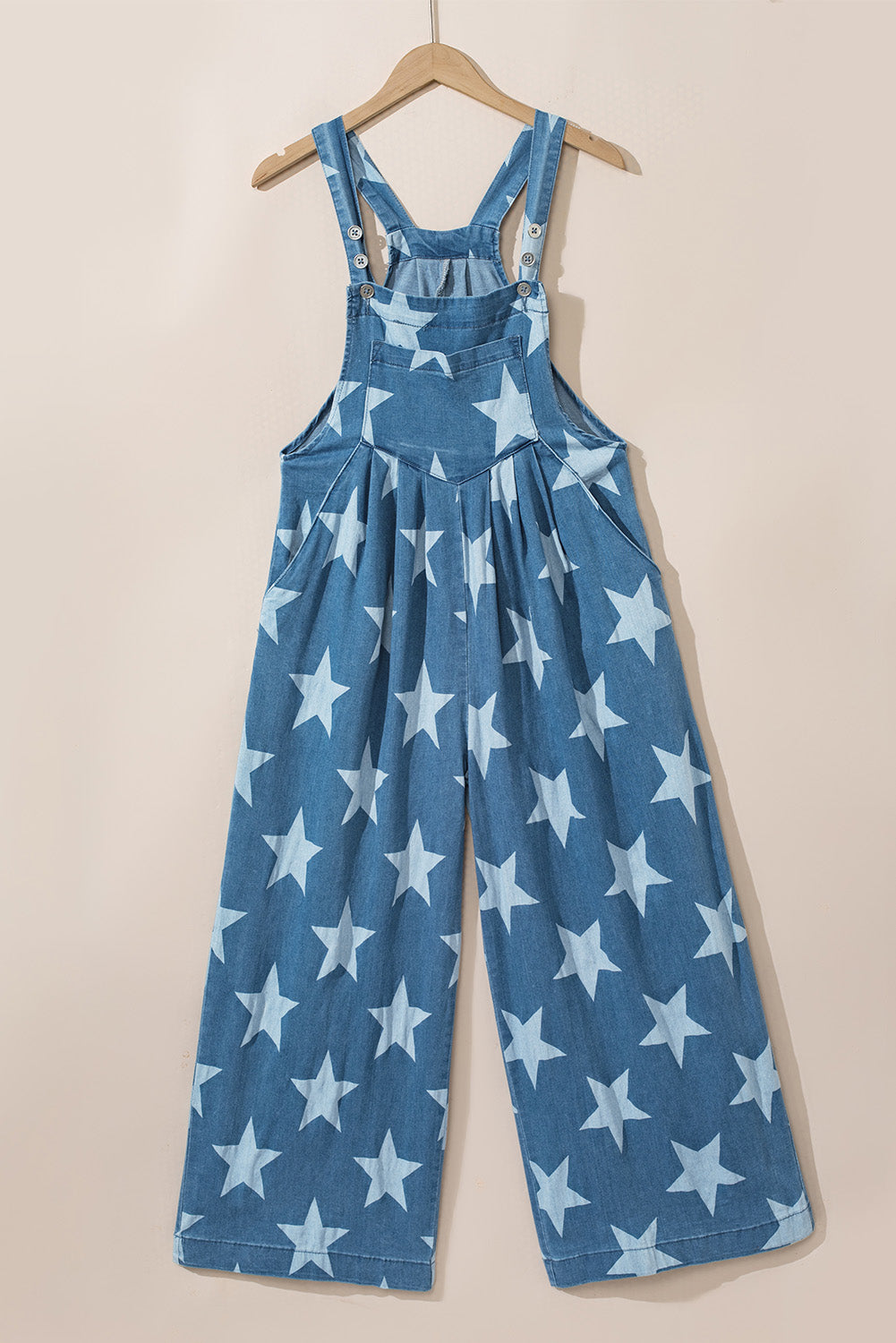 Star Print Buttoned Strap Wide Leg Denim Overalls - Ladyez
