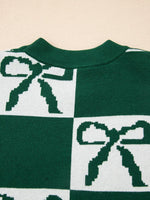 Checkered Bow Round Neck Casual Sweater