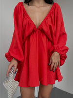 Deep V-Neck Balloon Sleeve Dress