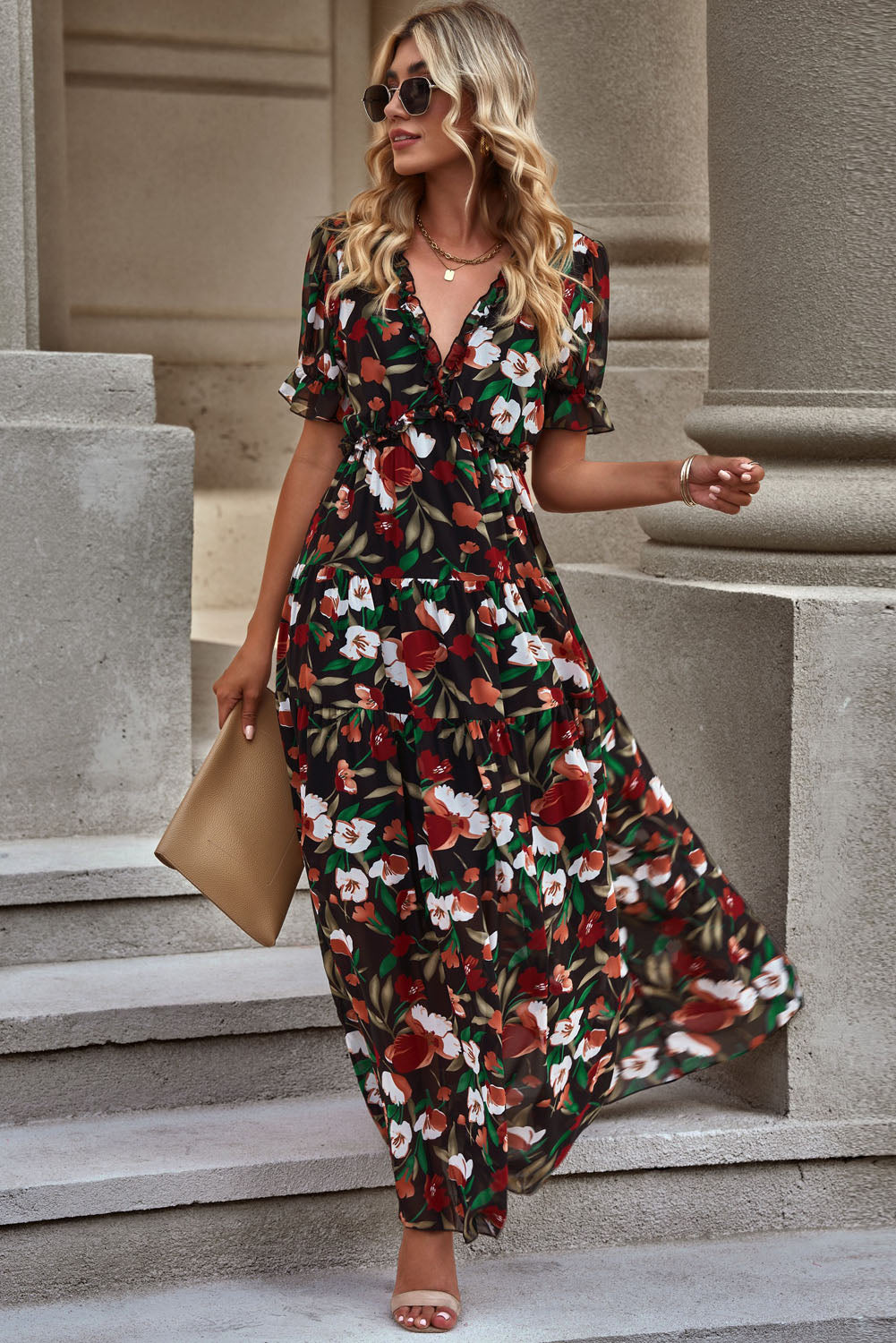 Floral V-Neck Short Flounce Sleeve Dress - Ladyez