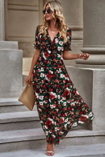 Floral V-Neck Short Flounce Sleeve Dress - Ladyez