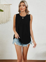Round Neck Sleeveless Top with Pleated Front Detail - Ladyez