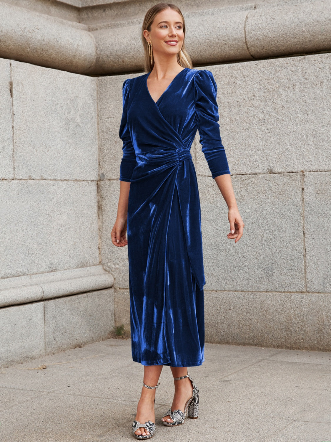 Surplice Puff Sleeve Midi Dress - Ladyez