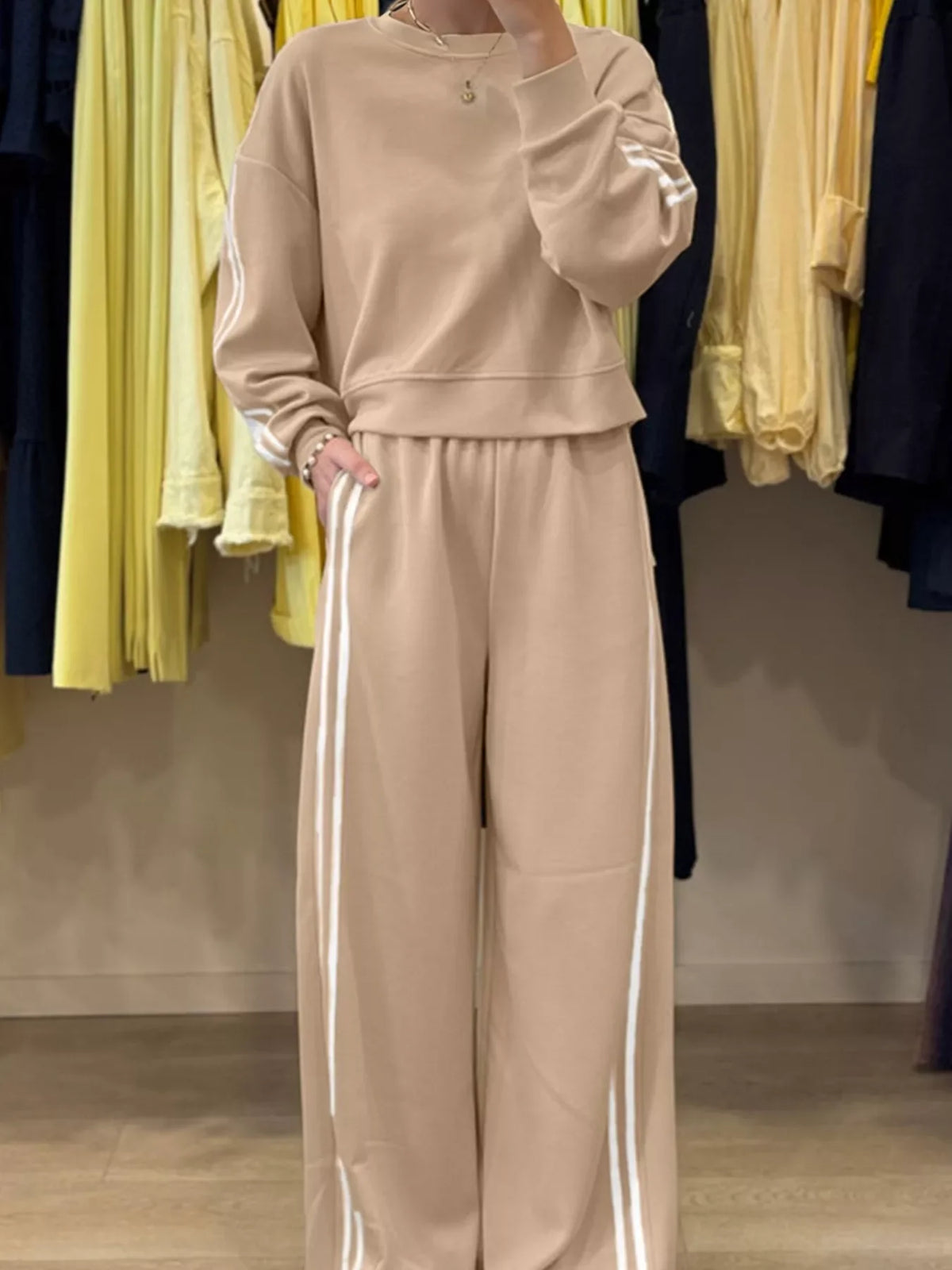 Striped Detail Crewneck Top and Elastic Sweatpants 2pcs Set