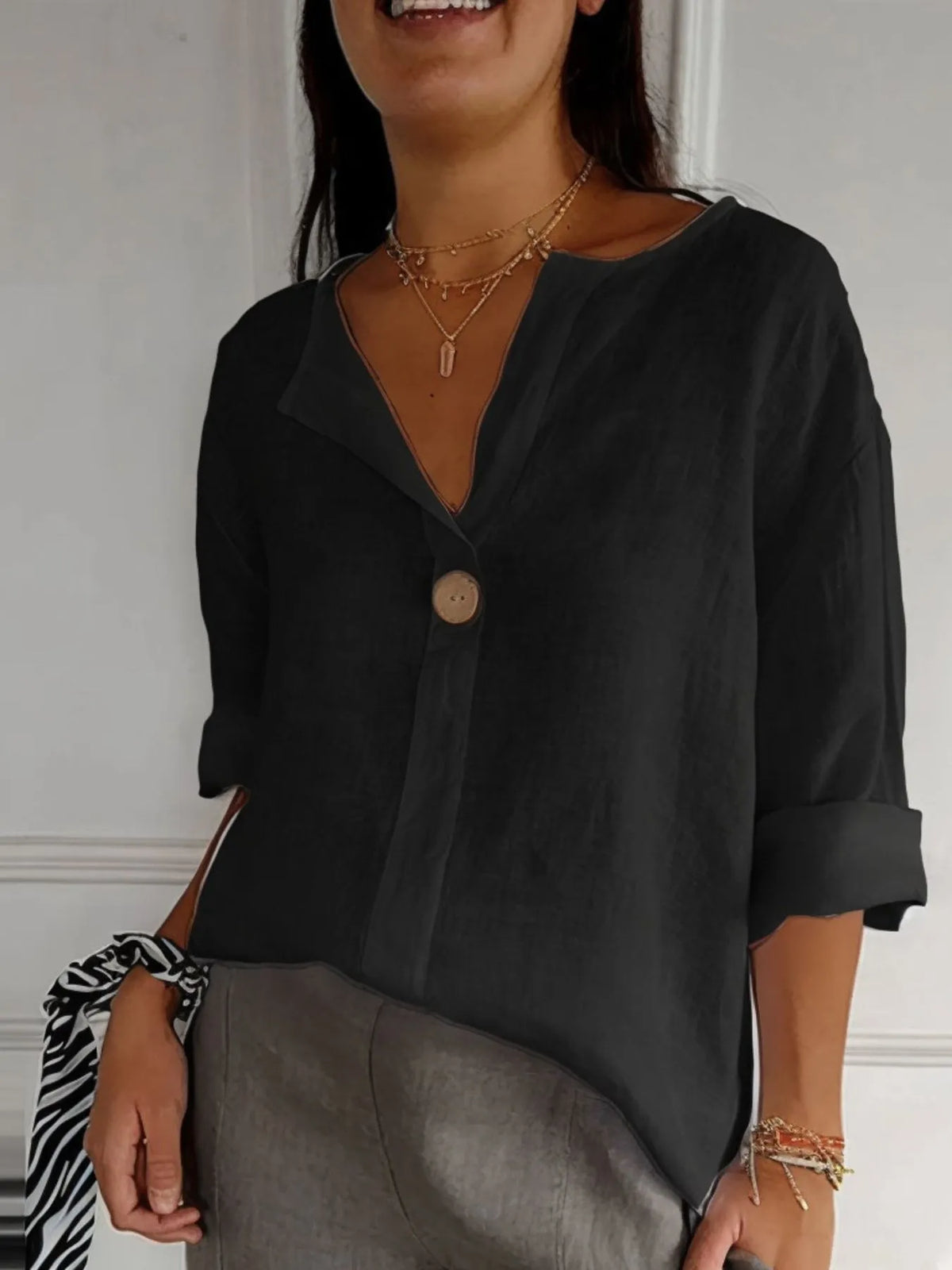 Full Size Linen Blend Notched Blouse Plus Size - Ladyez