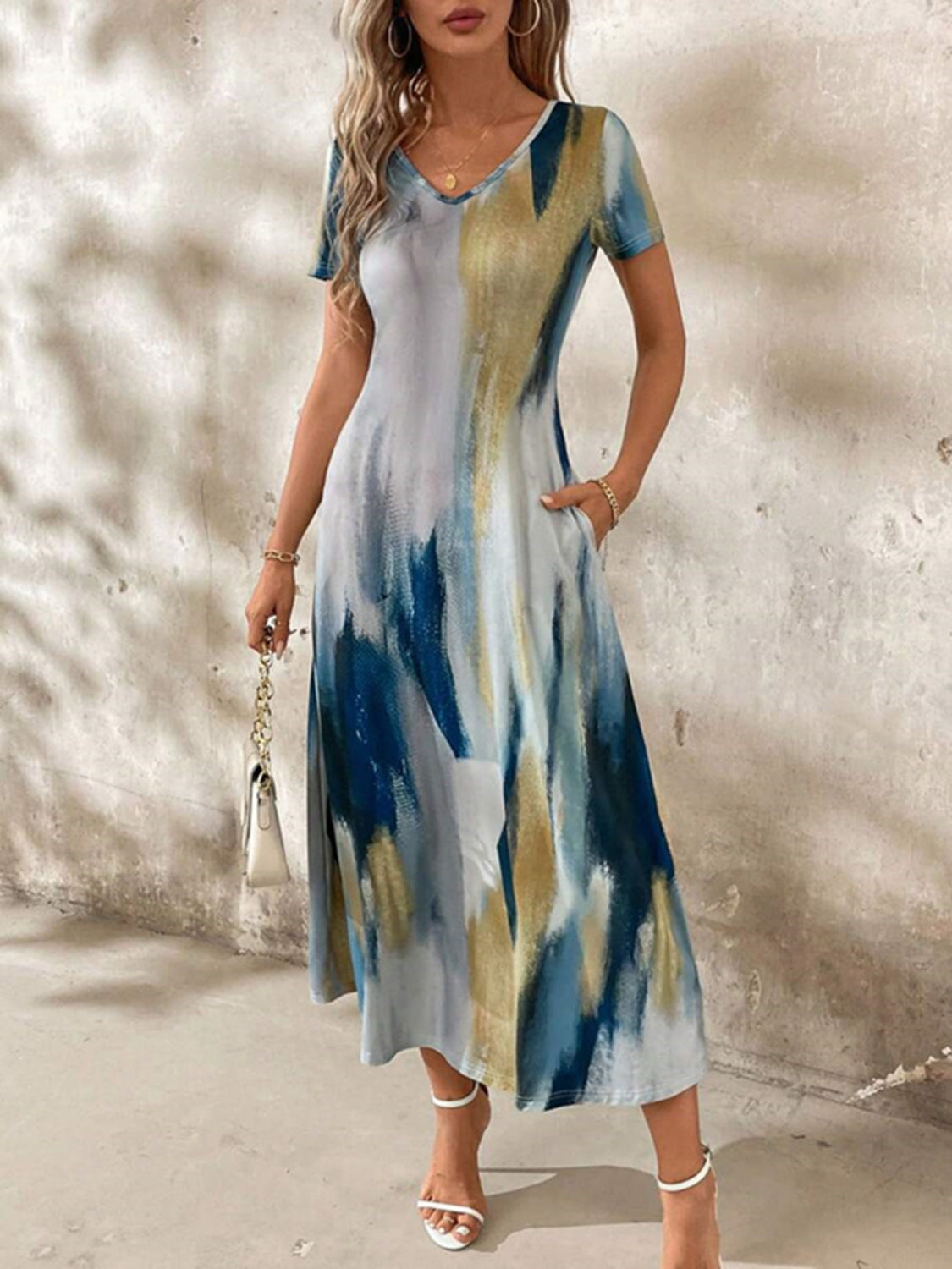 Tie-Dye V-Neck Short Sleeve Midi Tee Dress - Ladyez