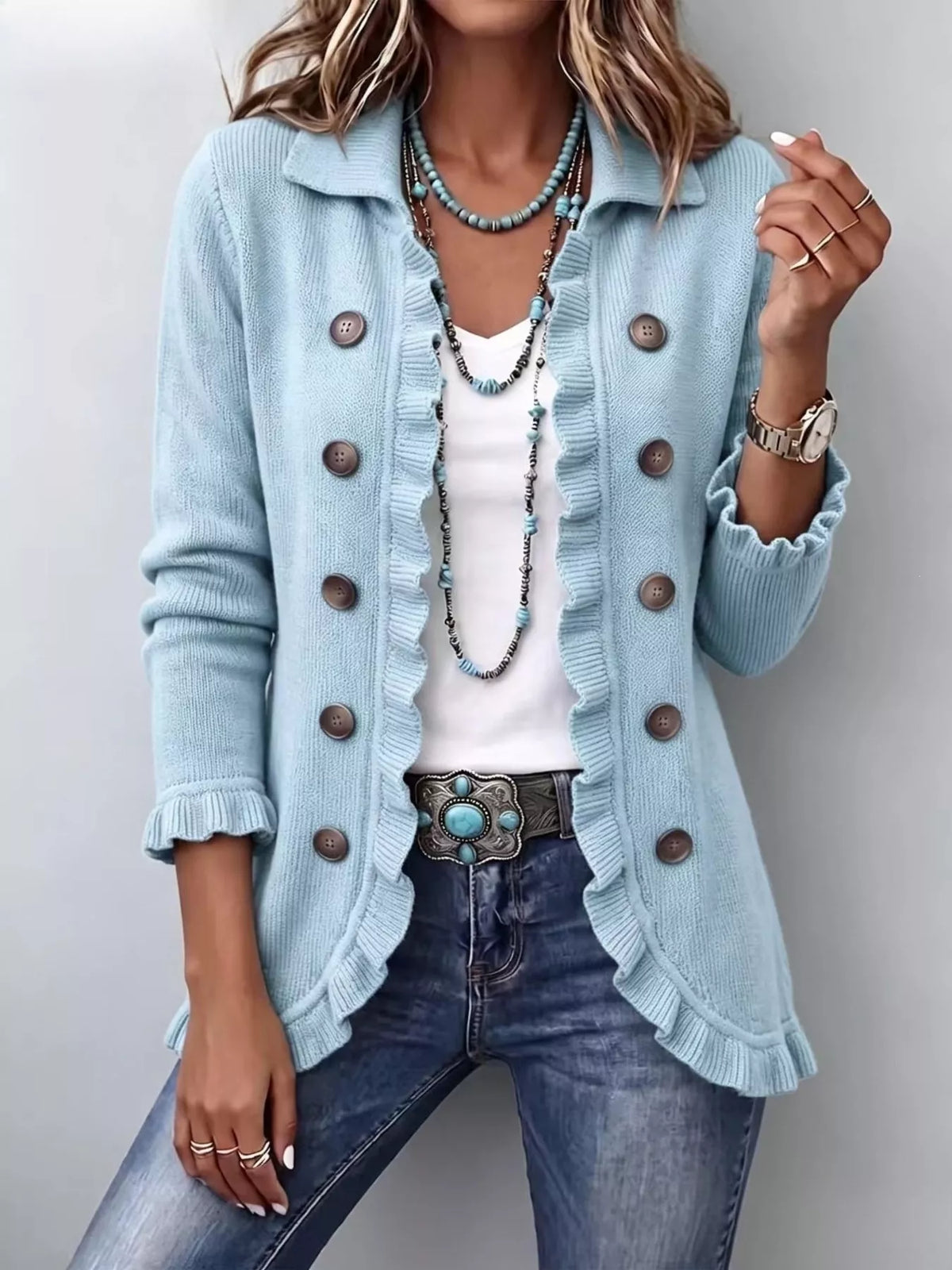 Full Size Ruffled Trim Decorative Button Cardigan Plus Size
