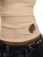 Ribbed Tank Top with Metal Grommet Cutouts and Stud Embellishments
