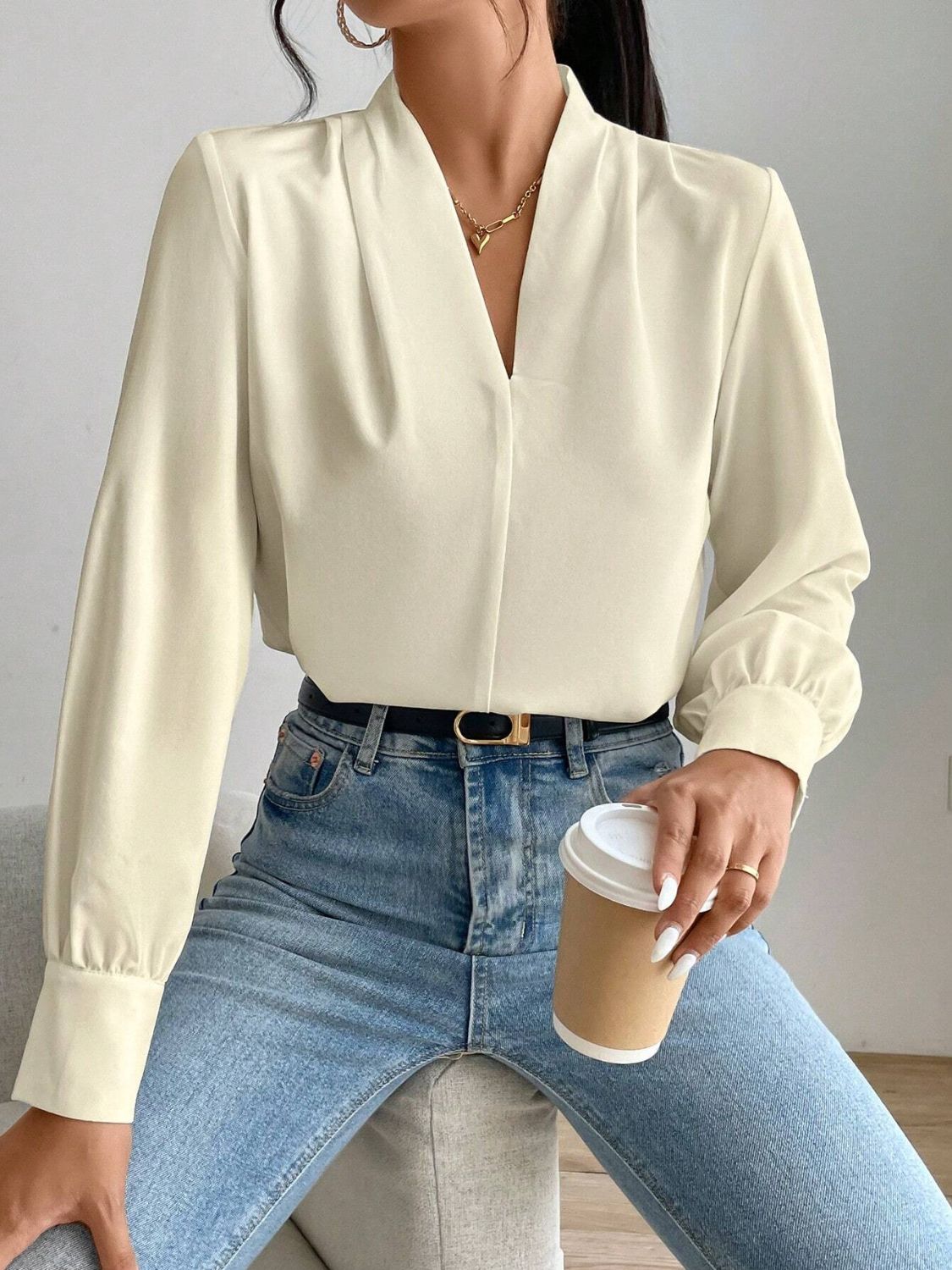 V Neck Long Sleeve Top - Ladyez