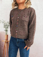 Button-Up Ribbed Hem Cardigan with Chest Pocket