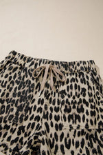 Leopard Print Lace-up Elastic Waistband Mid Rise Denim Shorts