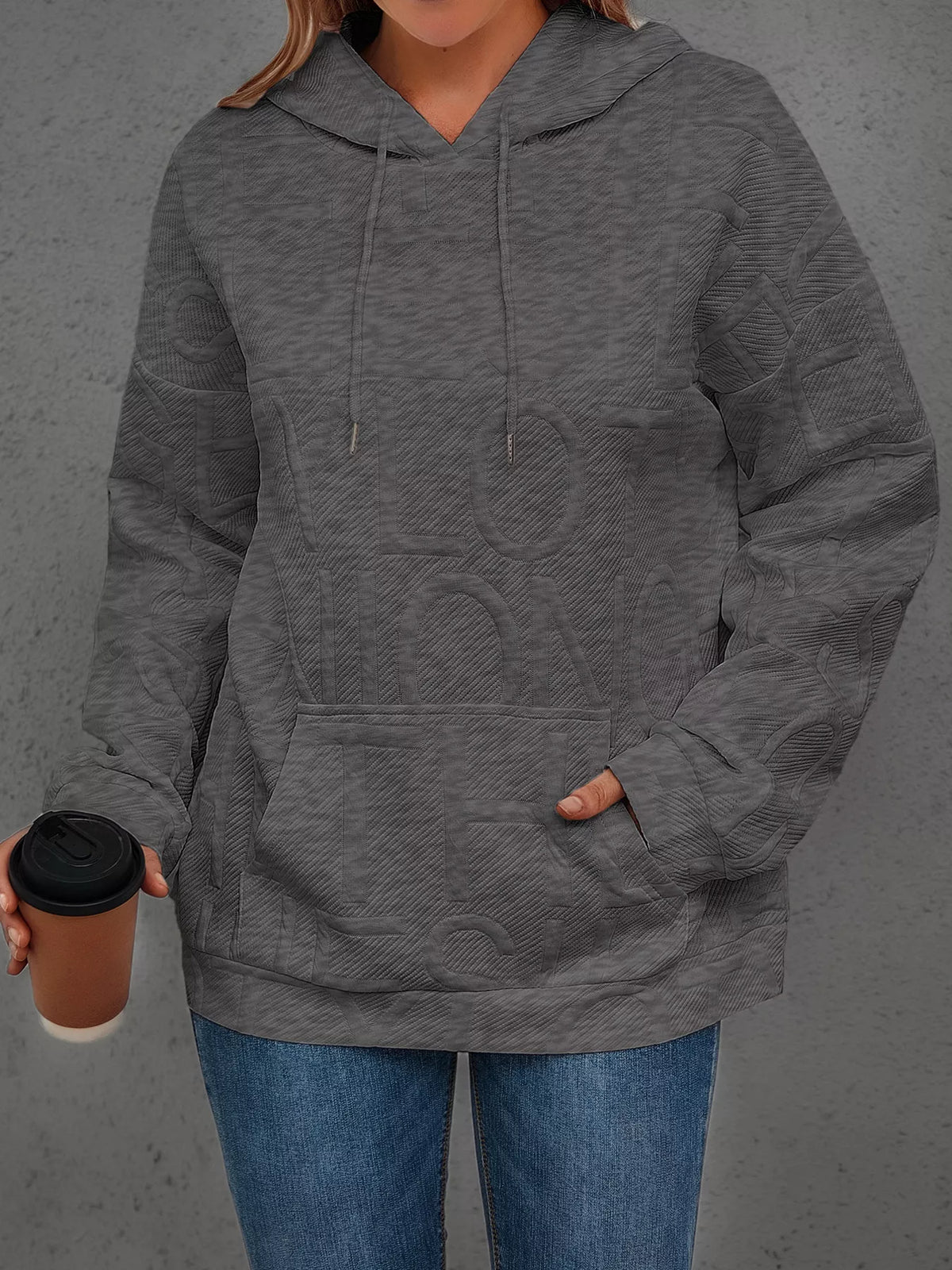 Full Size Textured Embossed Long Sleeve Hoodie Plus Size