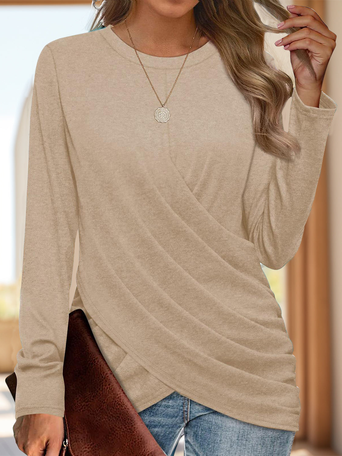 Ruched Round Neck Long Sleeve T-Shirt - Ladyez
