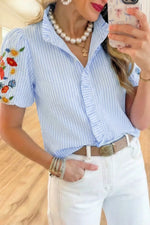 Stripe Floral Embroidered Puff Sleeve Ruffle Trim Shirt