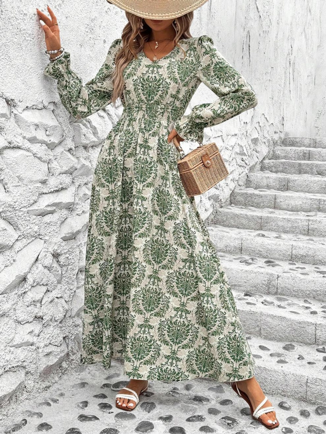 Smocked Printed V-Neck Flounce Sleeve Dress - Ladyez