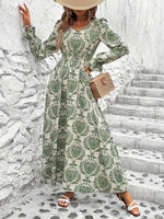 Smocked Printed V-Neck Flounce Sleeve Dress - Ladyez