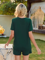 V-Neck Short Sleeve Top and Pocketed Shorts Lounge Set - Ladyez