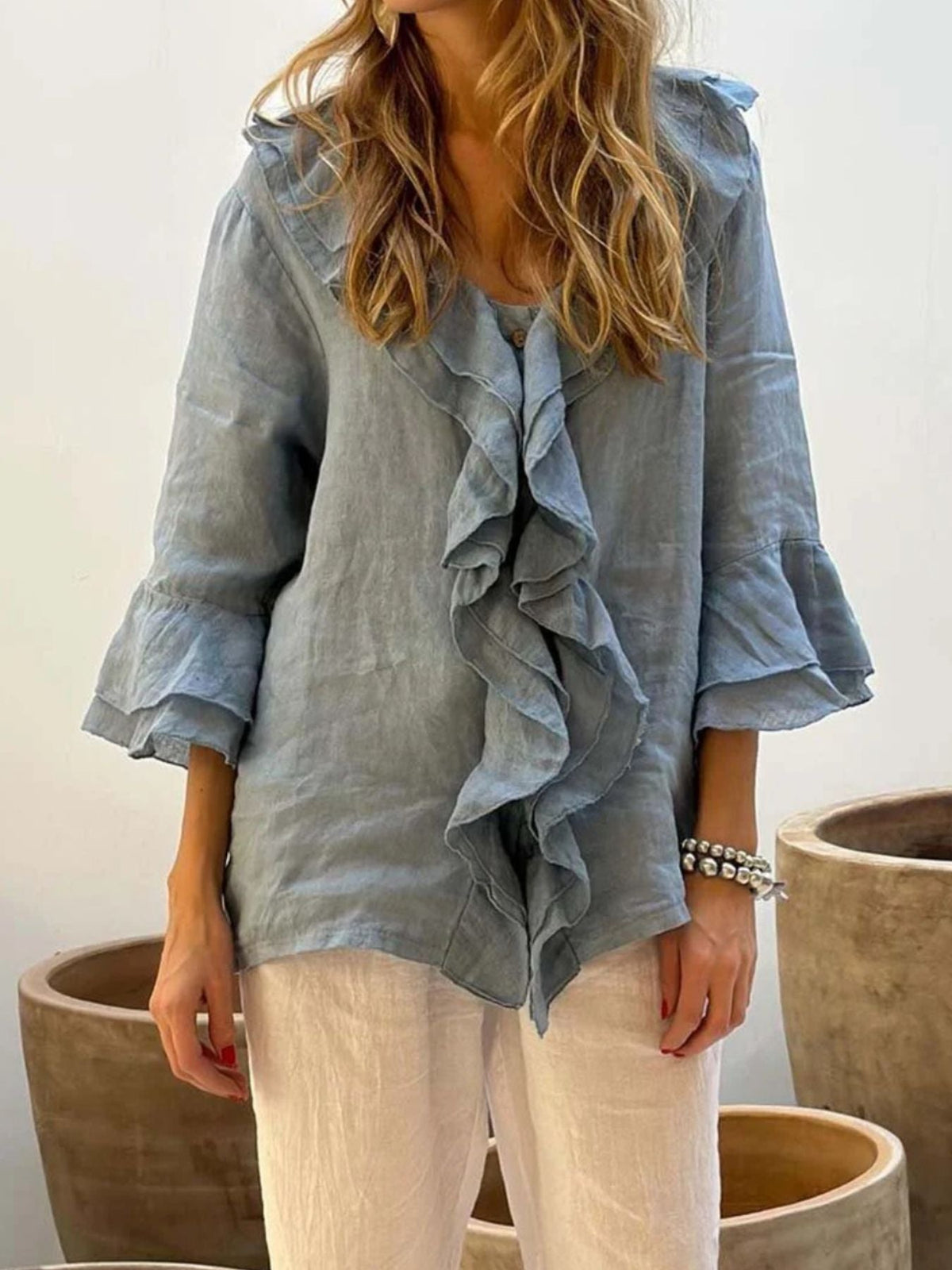 Full Size Ruffle Trim 3/4 Sleeve Blouse Plus Size