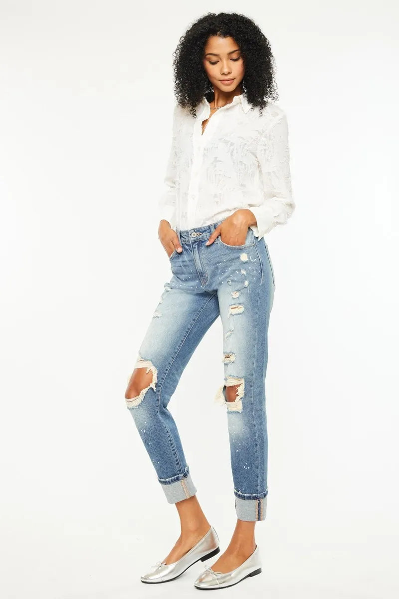 Kancan High Rise Distressed Boyfriend Fit Jeans - Ladyez
