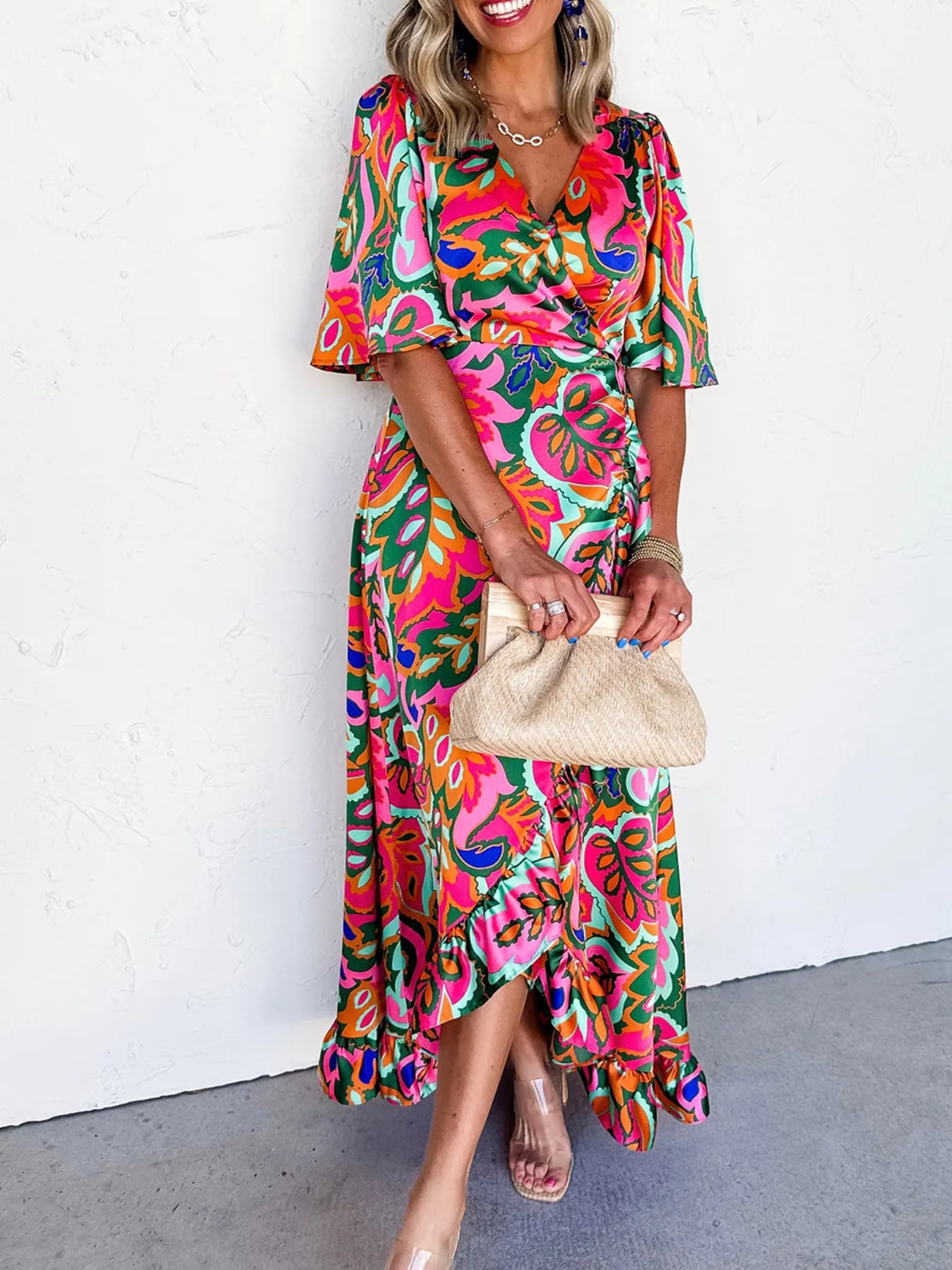 Floral Print Wrap Maxi Dress with Ruffle Details - Ladyez