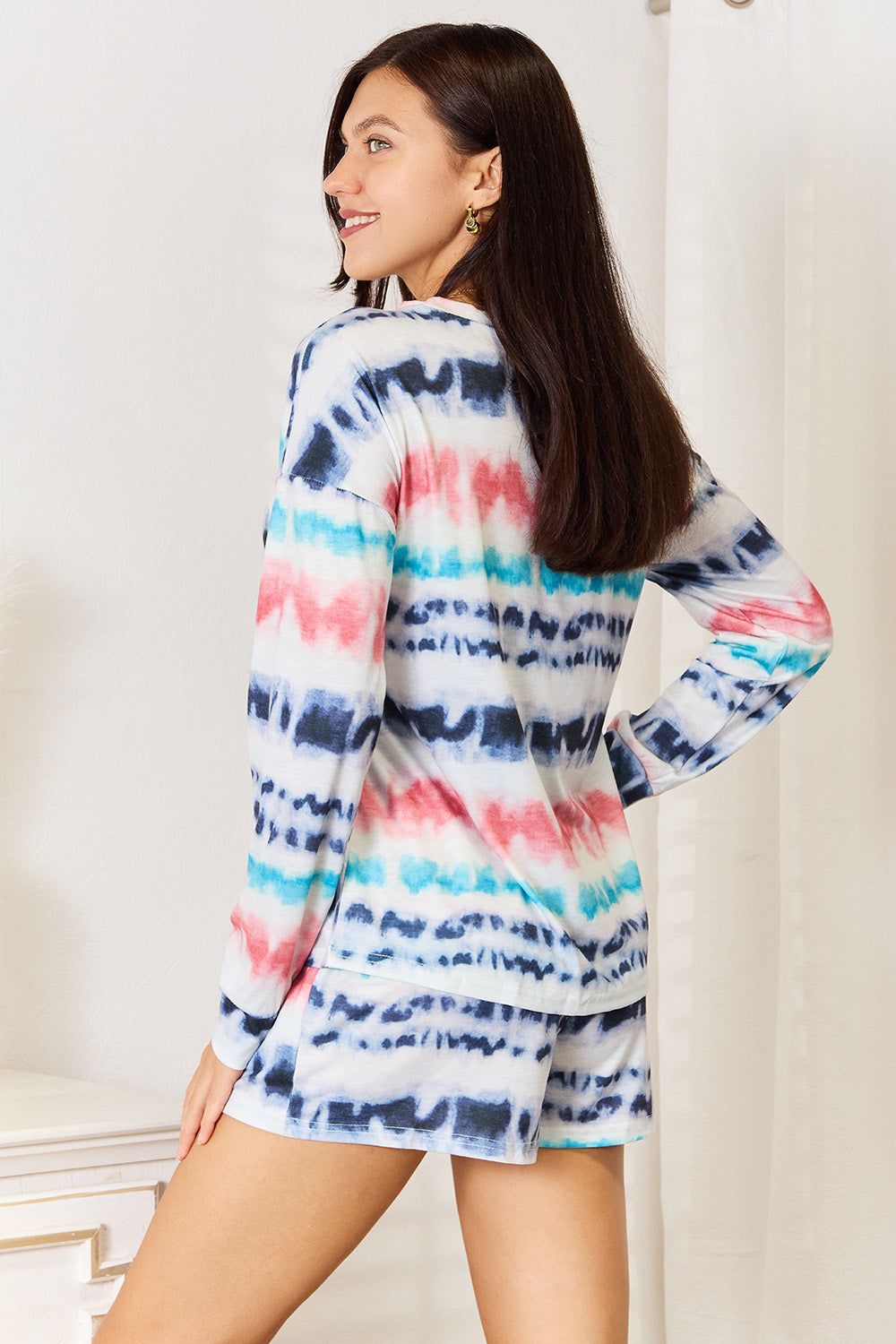 Shiny Tie-Dye Dropped Shoulder Lounge Set - Ladyez