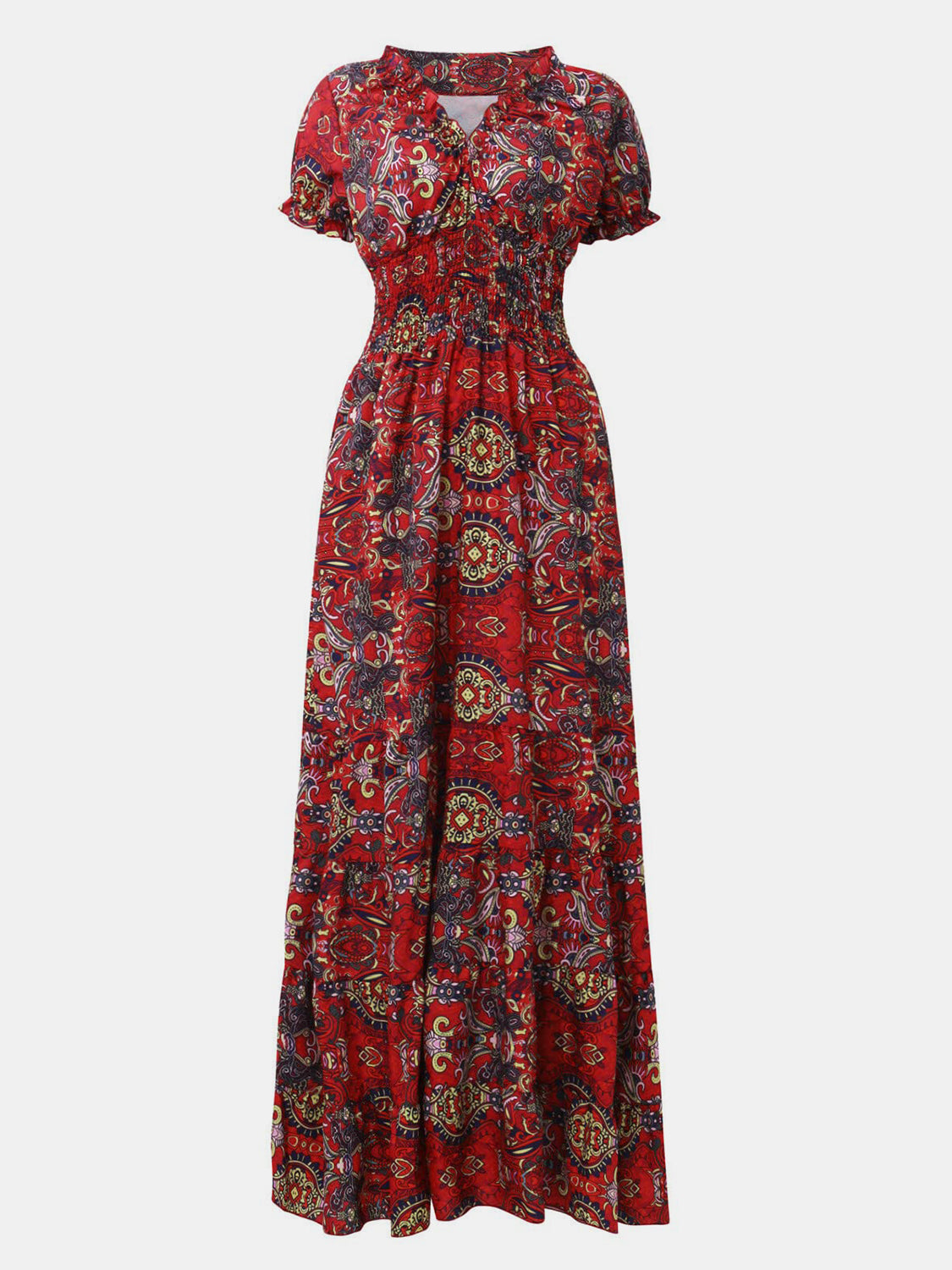 Full Size Smocked Printed V-Neck Short Sleeve Dress - Ladyez