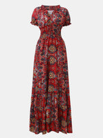 Full Size Smocked Printed V-Neck Short Sleeve Dress - Ladyez