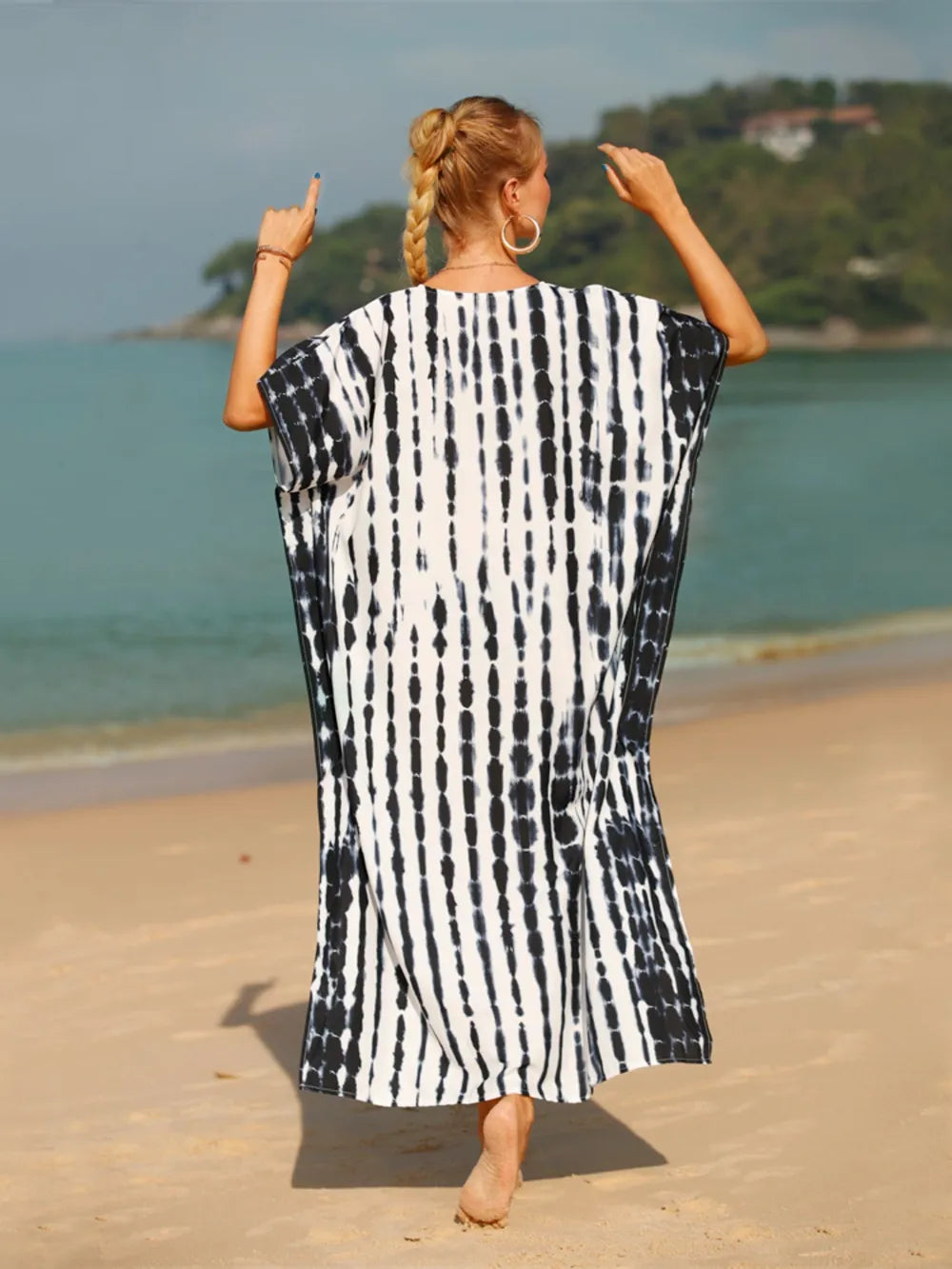 Tie-Dye V-Neck Half Sleeve Cover-Up - Ladyez