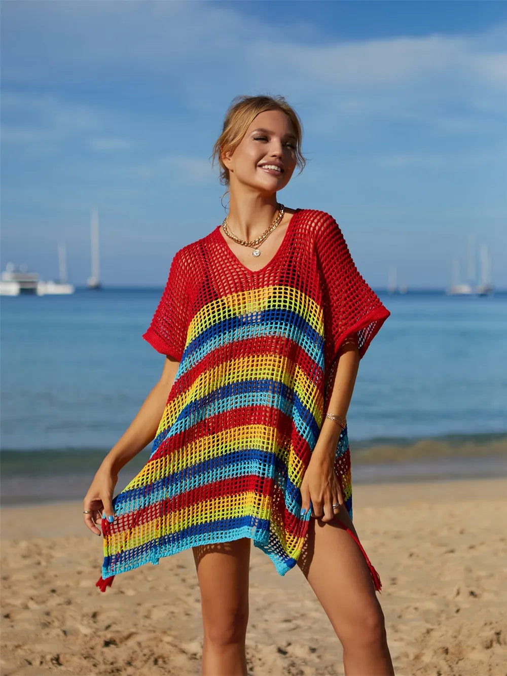 Angel Wings Cutout Striped Cover-Up with Tassel - Ladyez