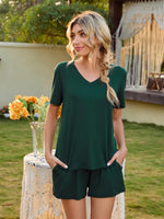 V-Neck Short Sleeve Top and Pocketed Shorts Lounge Set - Ladyez