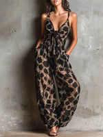 Leopard Front Tie Detail Wide-Leg Jumpsuit