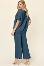 Double Take Full Size Texture Short Sleeve Top and Pants Set