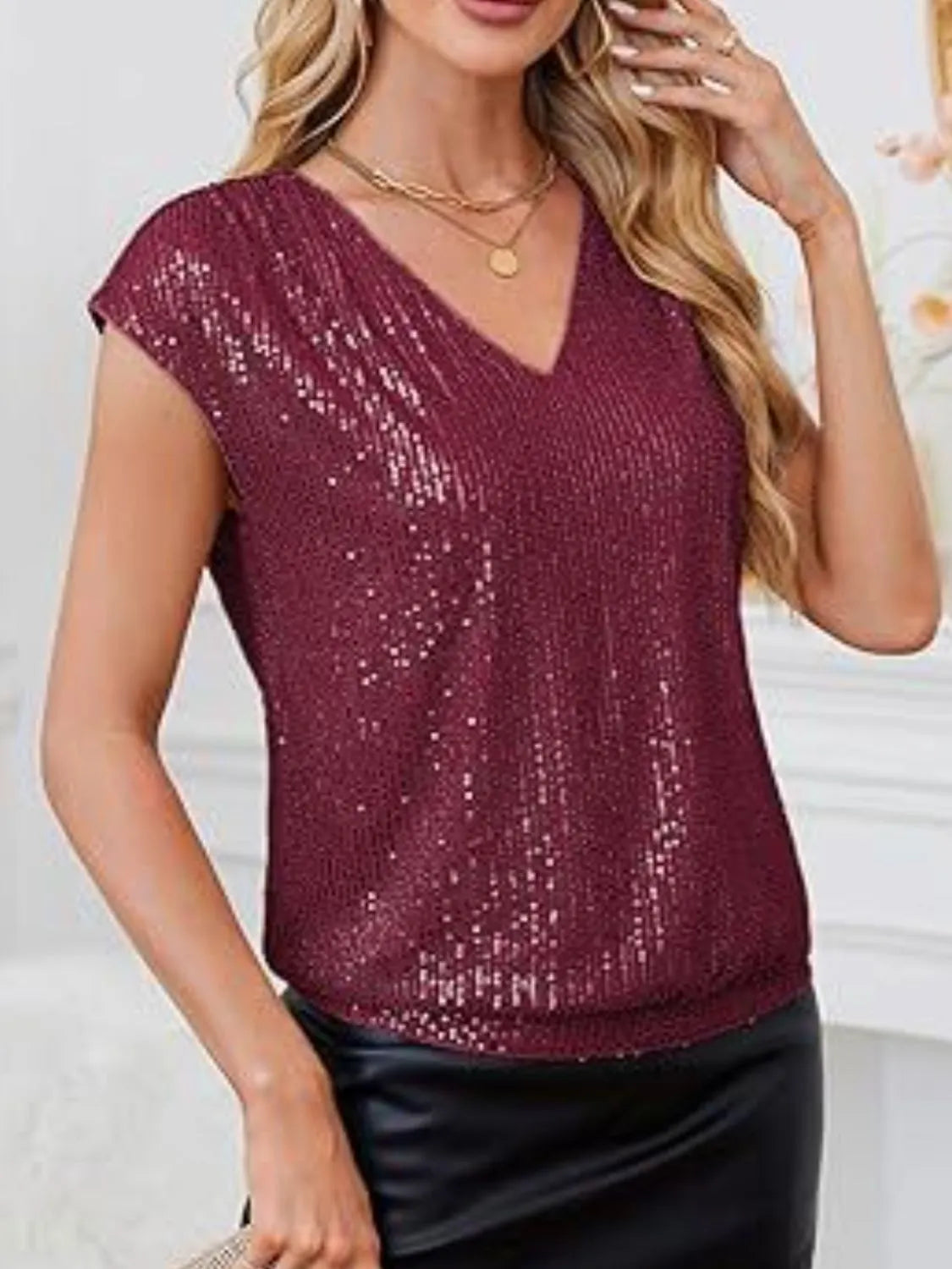 V-Neck Sequin Cap Sleeve Top - Ladyez
