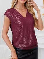 V-Neck Sequin Cap Sleeve Top - Ladyez