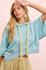 BiBi Washed Terry Short Sleeve Drawstring Hoodie Top