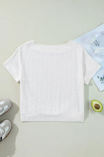 Eyelet Pattern Boat Neck Casual Tee
