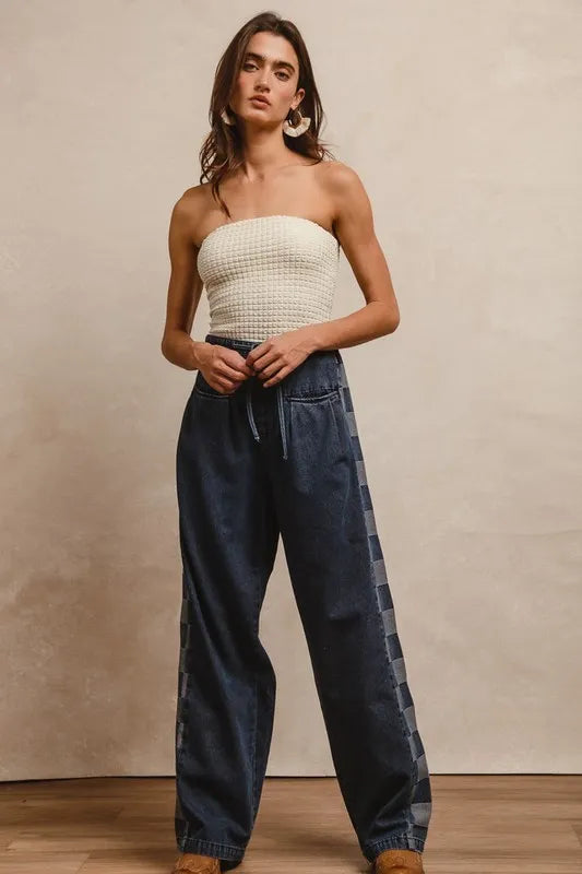 BiBi Washed Denim Mix And Match Long Pants - Ladyez