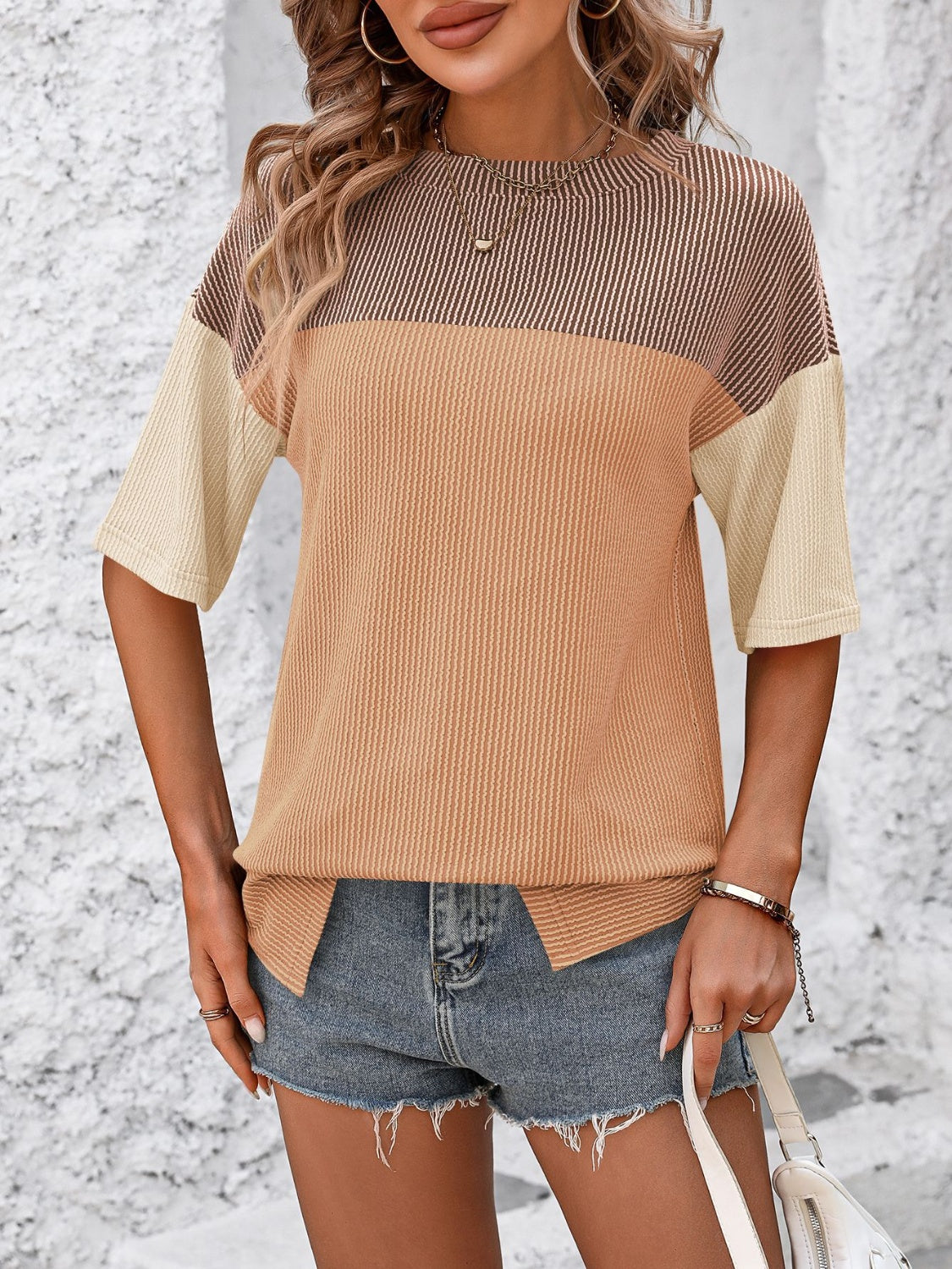 Mandy Color Block Round Neck Half Sleeve T-Shirt - Ladyez