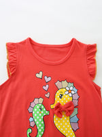 Children's Seahorse Ruffle Sleeve Top and Rainbow Striped Shorts Set