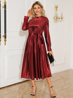 Tie Waist Long Sleeve Midi Dress - Ladyez