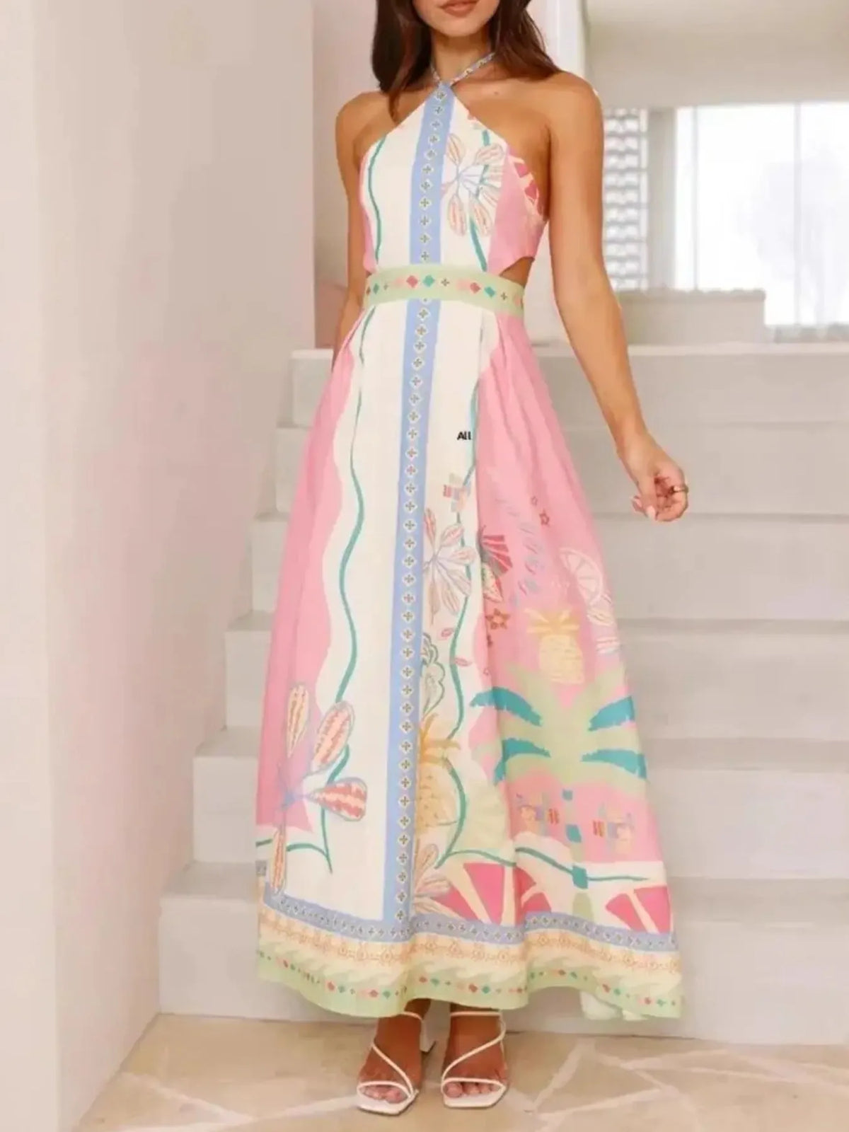 Halter Neck Printed Maxi Dress - Ladyez